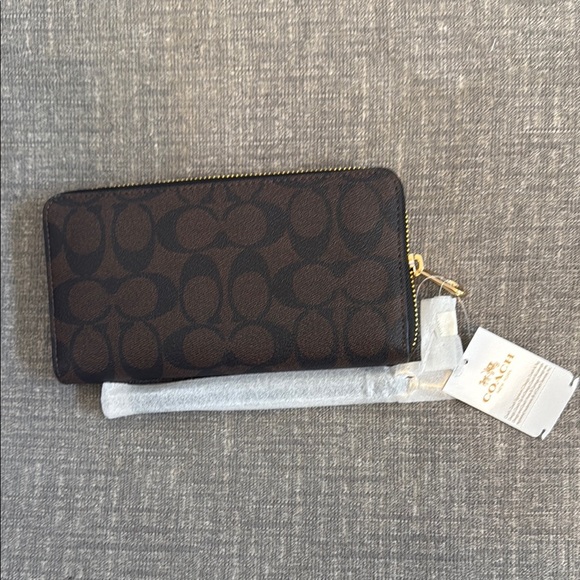 Coach Long Zip Around Wallet In Signature Canvas Brown/ Black - Picture 6 of 10